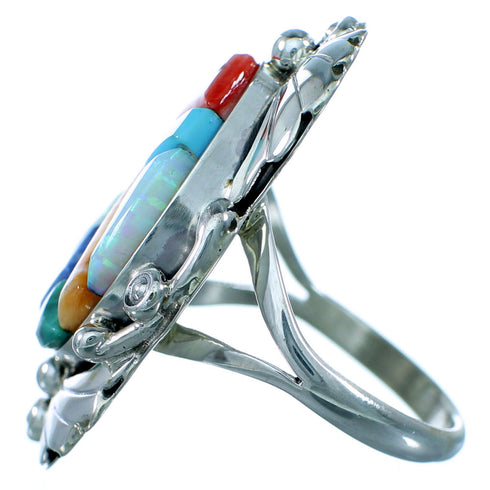 Genuine Sterling Silver Native American Multicolor Cobble Inlay Ring Size 8-3/4 RX110886