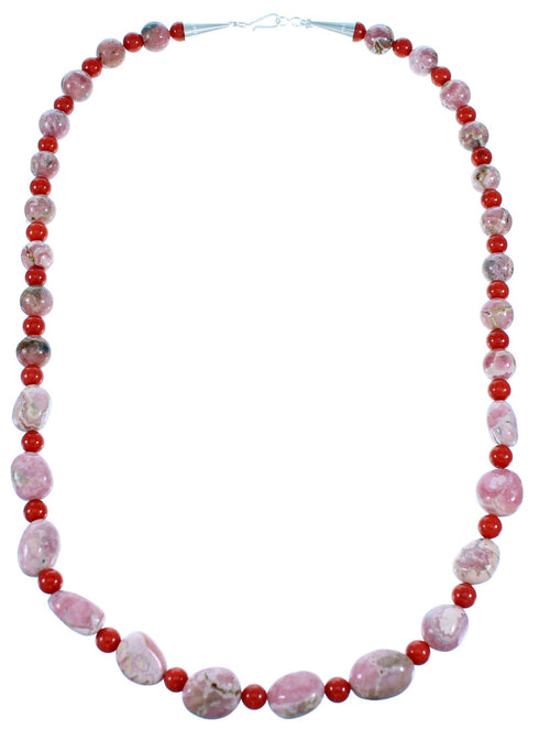Rhodochrosite And Coral Genuine Sterling Silver American Indian Bead Necklace RX110998