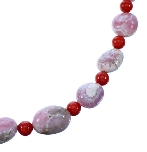 Rhodochrosite And Coral Genuine Sterling Silver American Indian Bead Necklace RX110998