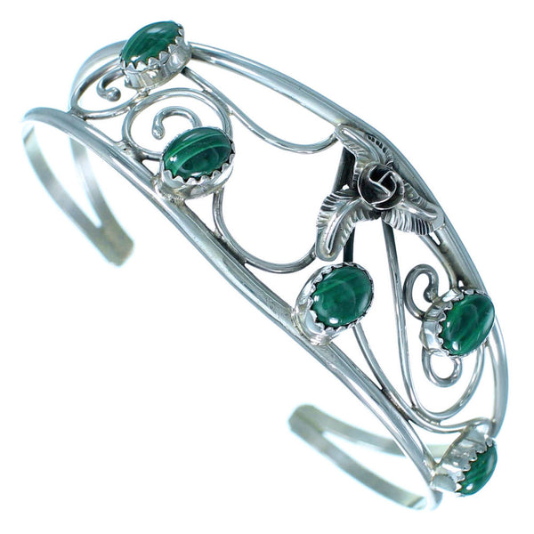 Genuine Sterling Silver Flower And Leaf Malachite Navajo Cuff Bracelet RX111330