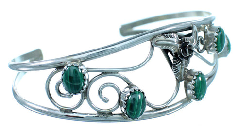 Genuine Sterling Silver Flower And Leaf Malachite Navajo Cuff Bracelet RX111330