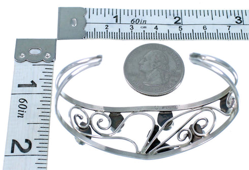 Genuine Sterling Silver Flower And Leaf Malachite Navajo Cuff Bracelet RX111330