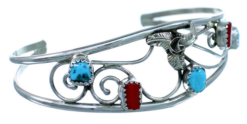 Turquoise Coral Sterling Silver Flower Leaf Navajo Cuff Bracelet JX130243