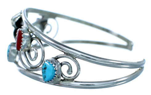 Turquoise Coral Sterling Silver Flower Leaf Navajo Cuff Bracelet JX130243