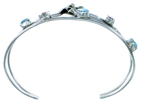 Turquoise Coral Sterling Silver Flower Leaf Navajo Cuff Bracelet JX130243