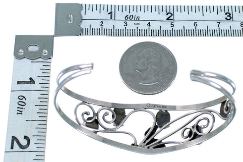 Turquoise Coral Sterling Silver Flower Leaf Navajo Cuff Bracelet JX130243