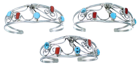Turquoise Coral Sterling Silver Flower Leaf Navajo Cuff Bracelet JX130243