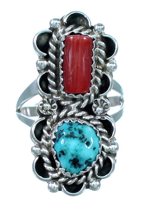 Native American Turquoise And Coral Sterling Silver Ring Size 7 SX111593