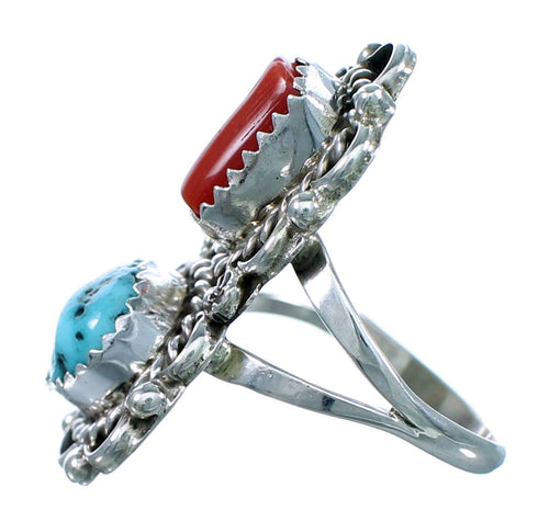 Native American Turquoise And Coral Sterling Silver Ring Size 7 SX111593
