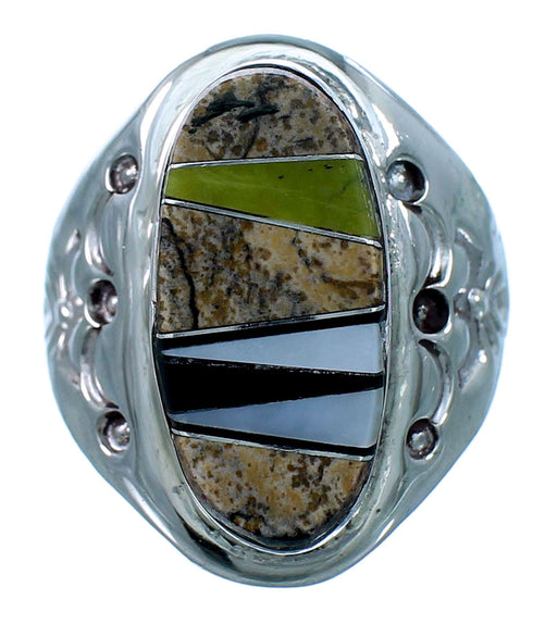 Navajo Sterling Silver Multicolor Inlay Ring Size 9 LX112738
