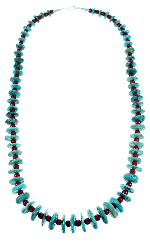 Turquoise And Coral Sterling Silver Navajo Bead Necklace RX112631