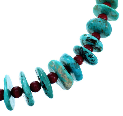 Turquoise And Coral Sterling Silver Navajo Bead Necklace RX112631