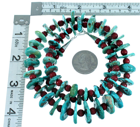 Turquoise And Coral Sterling Silver Navajo Bead Necklace RX112631
