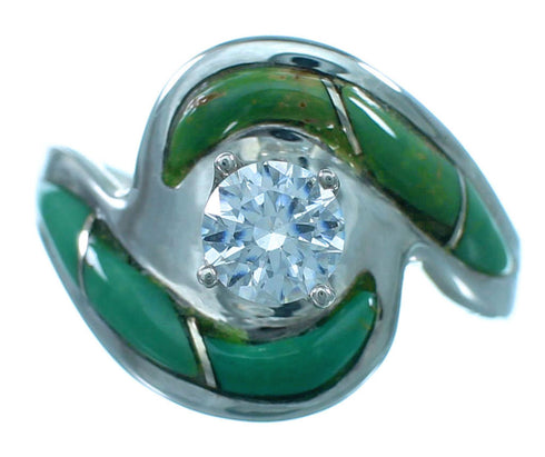 Turquoise Inlay Sterling Silver Cubic Zirconia Ring Size 6-3/4 LX113060