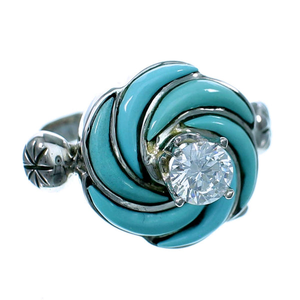 Cubic Zirconia Flower Turquoise Inlay Sterling Silver Ring Size 5-3/4 LX113063