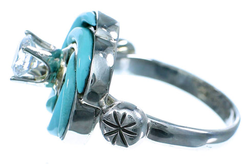 Cubic Zirconia Flower Turquoise Inlay Sterling Silver Ring Size 5-3/4 LX113063