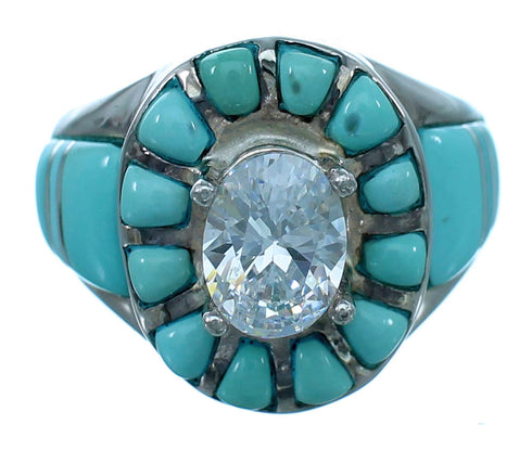 Cubic Zirconia Turquoise Inlay Genuine Sterling Silver Ring Size 6-3/4 LX113077