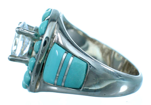 Cubic Zirconia Turquoise Inlay Genuine Sterling Silver Ring Size 6-3/4 LX113077