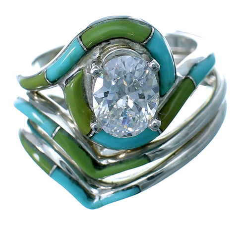 Turquoise Inlay Sterling Silver Cubic Zirconia Wedding Ring Set Size 6-1/2 LX113087
