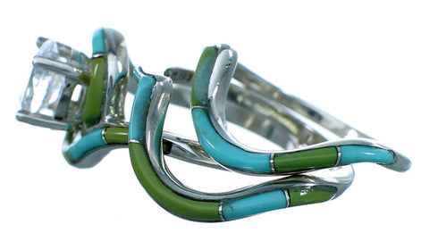 Turquoise Inlay Sterling Silver Cubic Zirconia Wedding Ring Set Size 6-1/2 LX113087
