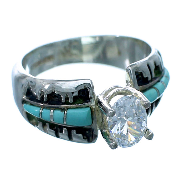 Sterling Silver Turquoise Inlay Southwestern Cubic Zirconia Ring Size 6-1/4 LX113100