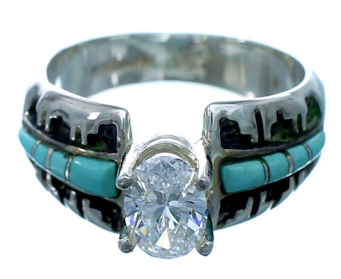 Sterling Silver Turquoise Inlay Southwestern Cubic Zirconia Ring Size 6-1/4 LX113100