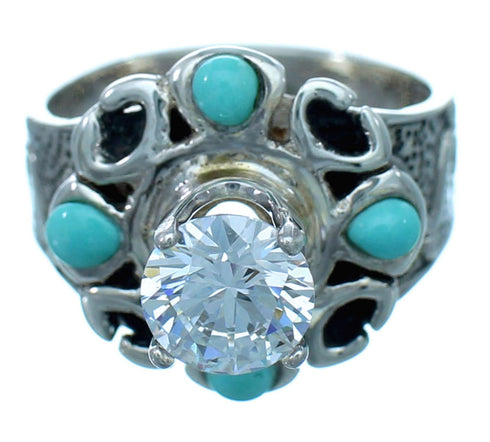 Turquoise Inlay Flower Cubic Zirconia Genuine Sterling Silver Ring Size 6-3/4 LX113105