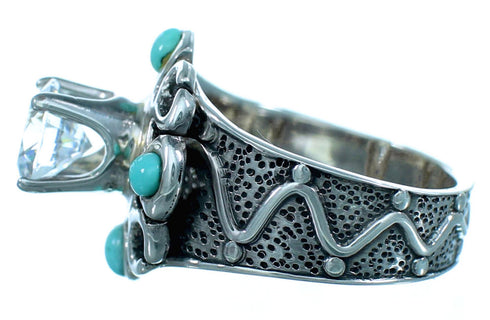 Turquoise Inlay Flower Cubic Zirconia Genuine Sterling Silver Ring Size 6-3/4 LX113105