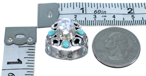 Turquoise Inlay Flower Cubic Zirconia Genuine Sterling Silver Ring Size 6-3/4 LX113105