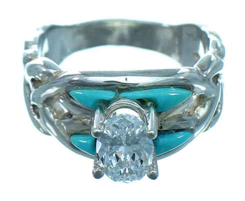 Sterling Silver Cubic Zirconia Turquoise Inlay Wedding Ring Size 5-1/2 LX113121