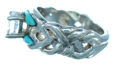 Sterling Silver Cubic Zirconia Turquoise Inlay Wedding Ring Size 5-1/2 LX113121