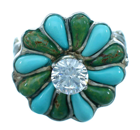 Genuine Sterling Silver Turquoise Inlay Flower Leaf Cubic Zirconia Ring Size 6-1/4 LX113181