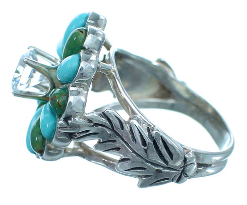 Genuine Sterling Silver Turquoise Inlay Flower Leaf Cubic Zirconia Ring Size 6-1/4 LX113181