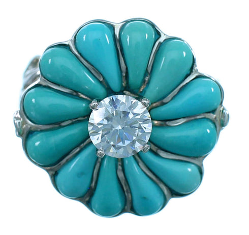 Flower Leaf Sterling Silver Turquoise Inlay Cubic Zirconia Ring Size 5-1/2 LX113179