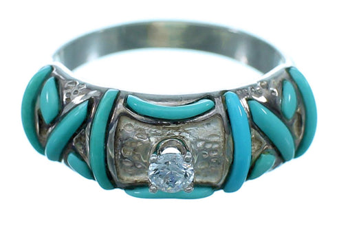 Cubic Zirconia Genuine Sterling Silver Turquoise Inlay Wedding Ring Size 6-1/2 LX113186