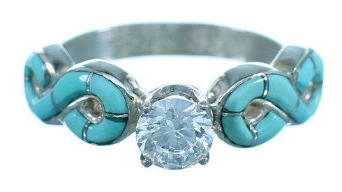 Cubic Zirconia Genuine Sterling Silver Turquoise Inlay Wedding Ring Size 5-3/4 LX113188