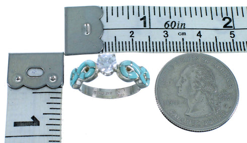 Cubic Zirconia Genuine Sterling Silver Turquoise Inlay Wedding Ring Size 5-3/4 LX113188