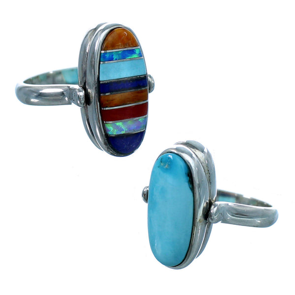 Reversible Turquoise Sterling Silver Multicolor Inlay Ring Size 5 LX113275