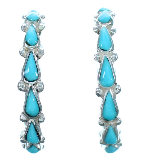 Zuni Genuine Sterling Silver Turquoise Post Hoop Earrings RX113843