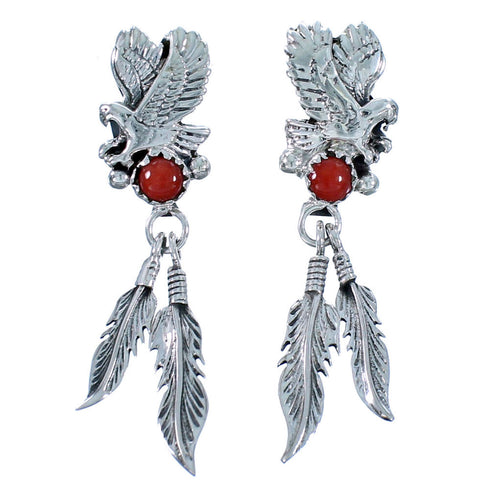 Coral Sterling Silver Feather Eagle Native American Post Dangle Earrings RX113899
