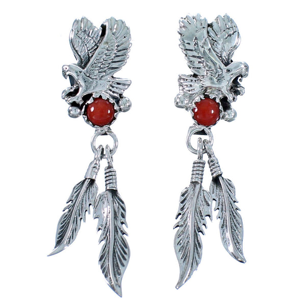Coral Sterling Silver Feather Eagle Native American Post Dangle Earrings RX113899