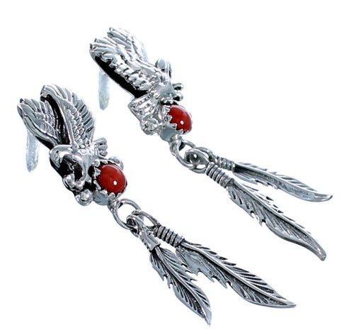 Coral Sterling Silver Feather Eagle Native American Post Dangle Earrings RX113899