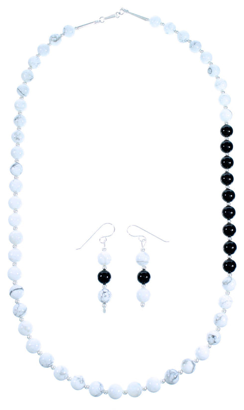 Authentic Sterling Silver American Indian Onyx Howlite Bead Necklace And Earrings LX114022