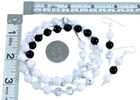 Authentic Sterling Silver American Indian Onyx Howlite Bead Necklace And Earrings LX114022