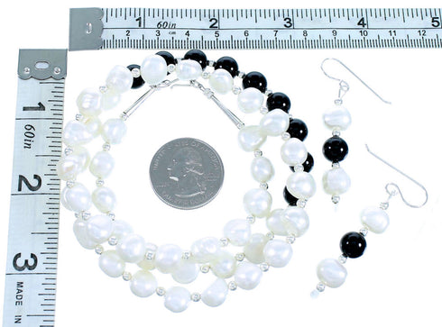 Onyx Fresh Water Pearl Navajo Sterling Silver Bead Necklace And Earrings LX114023