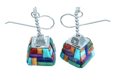 Genuine Sterling Silver Southwest Turquoise Multicolor Inlay Bead Hook Dangle Earrings LX114032