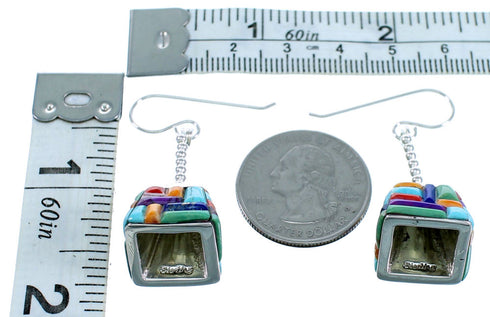 Genuine Sterling Silver Southwest Turquoise Multicolor Inlay Bead Hook Dangle Earrings LX114032