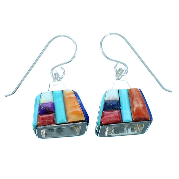 Sterling Silver Southwestern Multicolor Inlay Hook Dangle Earrings LX114033