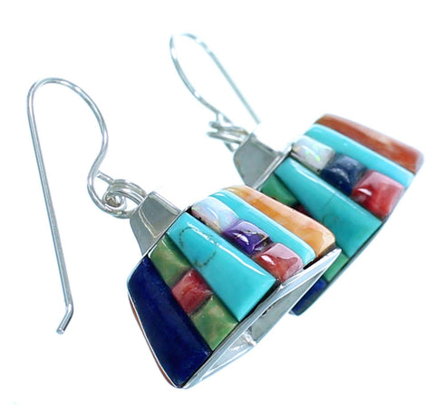 Sterling Silver Southwestern Multicolor Inlay Hook Dangle Earrings LX114033