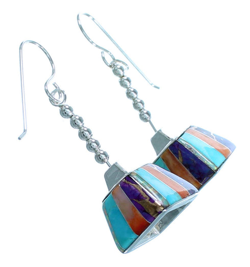 Southwestern Sterling Silver Multicolor Inlay Bead Hook Dangle Earrings LX114035